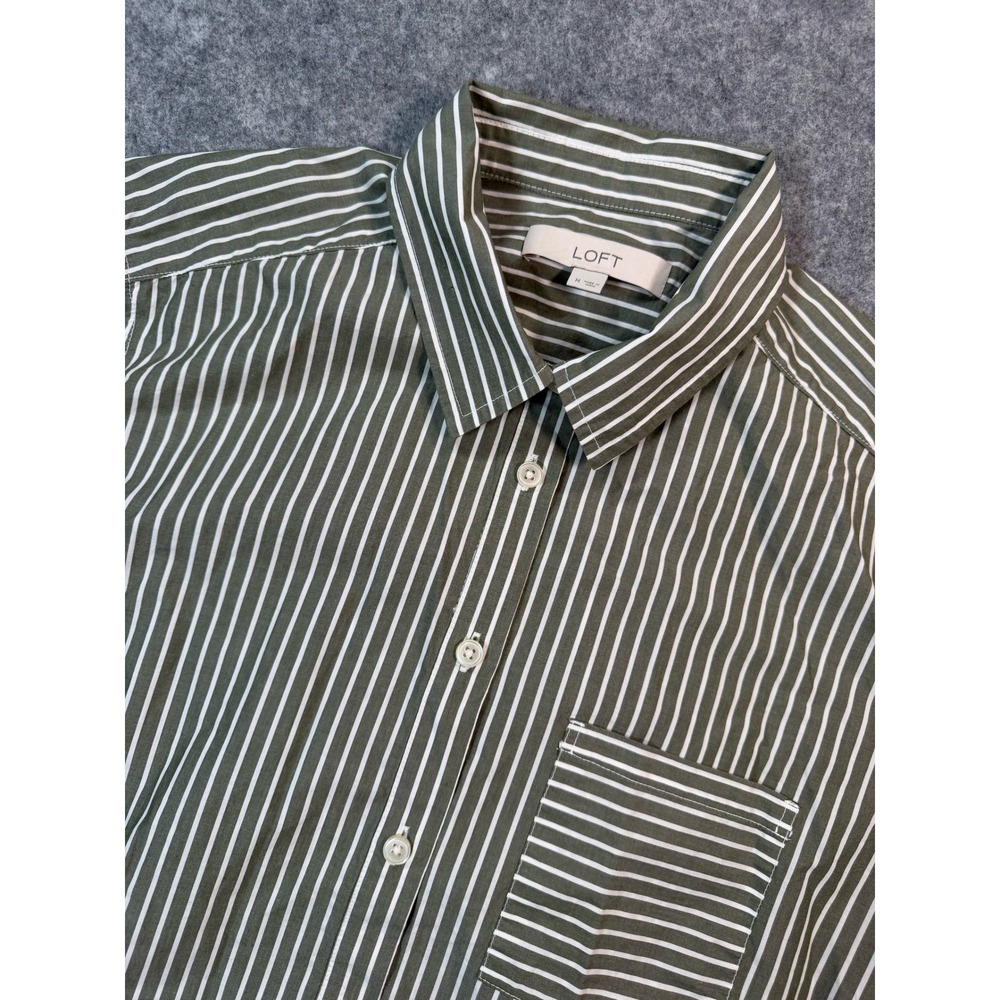 LOFT Womens Olive Green White Striped Button Down Shirt‎ Size M Long Sleeve